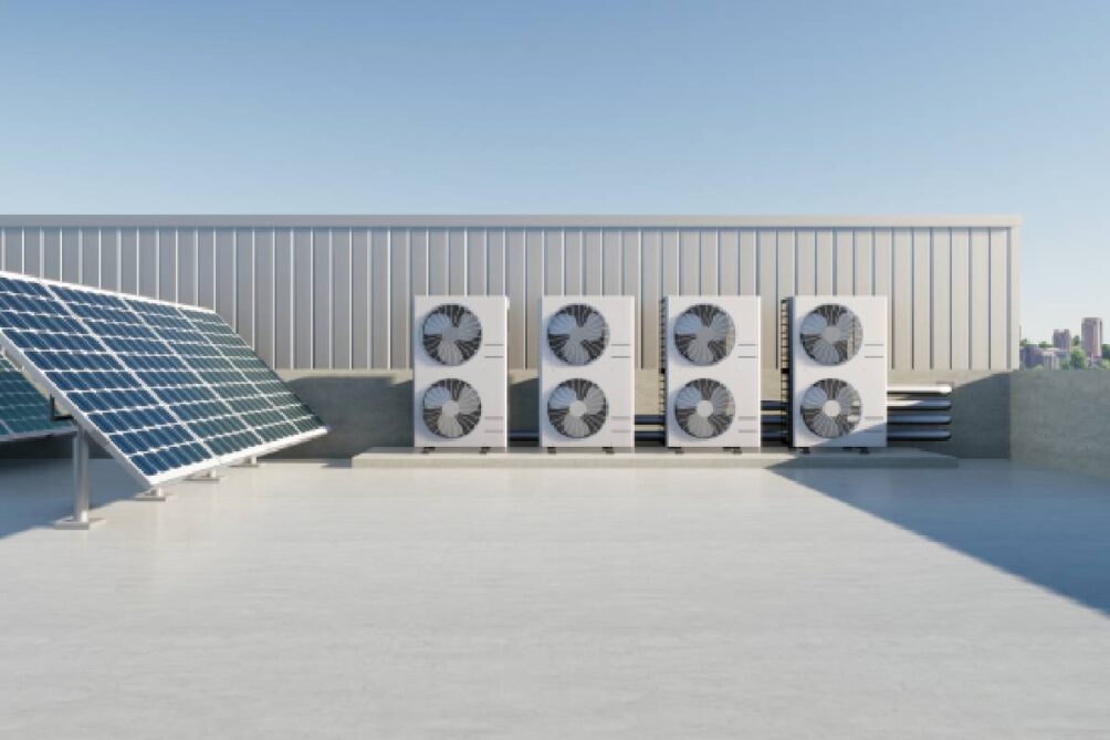 Solar panels on a flat commercial roof near Nicholasville, Kentucky (KY)