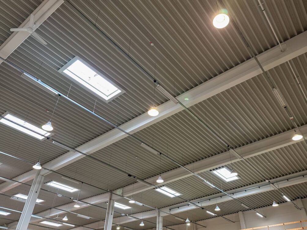 Commercial skylights in the ceiling of a large commercial building at ABR Construction Inc. near Nicholasville, KY